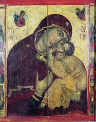 Die Jungfrau Eleousa, aus Nessebar, Bulgarien, 13.-14. Jahrhundert (Tempera auf Holztafel)